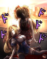  2girls akai_haato akai_haato_(1st_costume) akai_haato_(gothic_lolita) blonde_hair bow cityscape closed_eyes commentary dodododo dress dual_persona fainted fake_blood hair_ornament hair_ribbon hairbow heart heart_hair_ornament highres hololive jojo_no_kimyou_na_bouken juice long_hair multiple_girls nueos on_one_knee parody red_dress ribbon scene_reference shaded_face sunrise thighhighs tomato_juice vento_aureo virtual_youtuber watermark zettai_ryouiki 