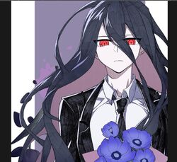  1boy anemone_(flower) black_flower black_hair black_jacket black_necktie black_tulip blue_flower collared_shirt commentary danganronpa_(series) danganronpa_2:_goodbye_despair flower formal hair_between_eyes jacket kamukura_izuru long_hair looking_at_viewer male_focus necktie pale_skin red_eyes shirt solo symbol-only_commentary tulip upper_body very_long_hair white_shirt ziling 