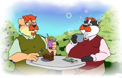  2021 anthro badger beverage black_body black_nose bravo brown_body cake canid canine canis clothing container cup dessert domestic_dog duo eyewear facial_hair food glasses humanoid_hands male mammal mature_male moustache mug mustelid musteline outside overweight overweight_male shirt sitting sweater sweater_vest topwear vest white_body 