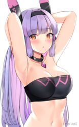  animal_ears armpits arms_behind_head arms_up artist_name bandeau bare_arms bare_shoulders black_choker blush breasts challenger_dominiel choker cleavage collarbone commentary_request crop_top epic_seven fake_animal_ears female hairband highres kaetzchen large_breasts long_hair looking_at_viewer midriff navel orange_eyes parted_lips purple_hair simple_background solo stomach strapless sweat sweatdrop taut_clothes tube_top upper_body white_background 