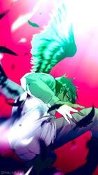  1boy bird_wings black_hair blood blood_on_clothes covered_mouth english_commentary feathered_wings feathers feet_out_of_frame from_behind highres long_sleeves looking_away looking_back male_focus mau_sakura motion_blur on_one_knee pants ray_(yakusoku_no_neverland) red_background red_eyes shirt sideways_glance solo tears white_shirt wings yakusoku_no_neverland 