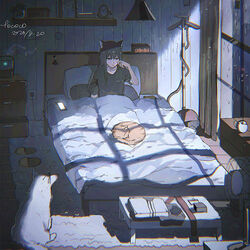  alarm_clock animal animal_ears arknights bed black_hair black_shirt blanket canine carpet cat_ears cellphone clock commentary_request cup dated electric_fan feline female half-closed_eyes humidifier indoors lamp lococo:p long_hair md5_mismatch night phone pillow rain reclining shelf shirt short_sleeves signature slippers smartphone texas_(arknights) under_covers vacuum_cleaner waking_up window wolf_ears 