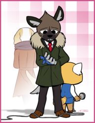  aggretsuko ailurid anthro bandage border borzoi business_suit canid canine canis clothing coat domestic_dog electronics fade_out female group haida_(aggretsuko) hi_res hunting_dog hyena inui_(aggretsuko) looking_away male mammal microphone pink_border red_panda retsuko sanrio sighthound spotted_hyena suit thewill topwear wire 