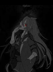  animal_ears character_name female greyscale hand_in_pocket highres hood hoodie horse_ears horse_girl horse_tail jacket jewelry long_hair looking_at_viewer mask mask_pull monochrome mouth_mask open_mouth orfevre_(umamusume)_(old_design) pendant poteo_(poteo_mot) red_eyes skirt sleeves_pushed_up solo spot_color tail tongue tongue_out umamusume 