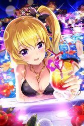  absurdres alternative_girls bare_arms barefoot bikini black_bikini blonde_hair blush breasts chain_necklace chains city cleavage cup female flower food fruit highres holding holding_cup jewelry looking_at_viewer mizushima_airi necklace night official_art open_mouth orange_(fruit) pool purple_eyes side_ponytail solo swimsuit tropical_drink 