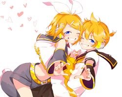  1boy bad_id bad_twitter_id bare_shoulders black_sailor_collar black_shorts black_sleeves blonde_hair blue_eyes bow commentary crop_top detached_sleeves face-to-face female grin hair_ornament hairbow hairclip headphones headset heart heart_background heart_hands heart_hands_duo highres kagamine_len kagamine_rin leaning_forward light_blush looking_at_viewer nail_polish neckerchief necktie one_eye_closed outstretched_arm oyamada_gamata sailor_collar school_uniform shirt short_hair short_ponytail short_sleeves shorts smile spiked_hair swept_bangs symbol-only_commentary symmetrical_pose vocaloid white_background white_bow white_shirt yellow_nails yellow_neckerchief yellow_necktie 