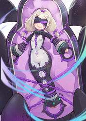  :d absurdres ass_visible_through_thighs bare_shoulders blindfold blush bodysuit bondage bondage bound bound_legs brown_hair chains commentary_request covered_eyes daphne_(re:zero) facing_viewer female full_body grey_bodysuit groin hair_ribbon head_tilt highres kobi_(piliheros2000) legbinder long_hair open_mouth parted_bangs photoshop_(medium) purple_ribbon re:zero_kara_hajimeru_isekai_seikatsu restrained restraints ribbon sharp_teeth smile solo standing_restraints teeth thigh_gap upright_restraints 