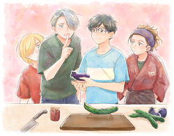  3boys black_hair blonde_hair blue-framed_eyewear blue_eyes brown_eyes brown_hair cucumber cutting_board ear_piercing eggplant female finger_to_mouth glasses green_eyes grey_hair hair_over_one_eye japanese_clothes katsuki_mari katsuki_yuuri knife multiple_boys open_mouth piercing shirt shouryouuma smile t-shirt takeshi_(mononohu20) viktor_nikiforov yuri!!!_on_ice yuri_plisetsky 