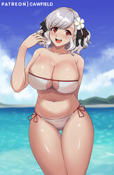  ass_visible_through_thighs bikini breasts cawfield day female flower girls&#039;_frontline hair_flower hair_ornament hair_ribbon island large_breasts midriff navel official_alternate_costume open_mouth outdoors patreon_username ribbon side-tie_bikini_bottom sky smile spas-12_(girls&#039;_frontline) spas-12_(midsummer_fruit)_(girls&#039;_frontline) strapless strapless_bikini swimsuit thick_thighs thigh_gap thighs twintails white_bikini white_hair 