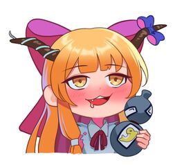  :3 alcohol blonde_hair blush bottle bow drooling drunk female holding holding_bottle horns ibuki_suika korean_commentary long_hair mouth_drool oerba_yun_fang orange_hair pink_bow purple_bow recare saliva smile solo torn_clothes torn_sleeves touhou whale white_background yellow_eyes 