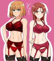  2girls arm_behind_back arm_grab black_thighhighs blonde_hair blush border bra brave_witches breasts brown_hair cleavage commentary_request contrapposto garter_belt green_eyes gundula_rall hachimitsu-b hand_on_own_hip jpeg_artifacts lace lace-trimmed_bra lace-trimmed_legwear lace_trim large_breasts lingerie long_hair minna-dietlinde_wilcke multiple_girls navel panties panties_over_garter_belt pink_background red_bra red_eyes red_garter_belt red_panties short_hair smile strike_witches thighhighs underwear underwear_only white_border world_witches_series 