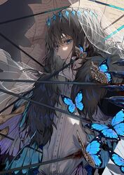  1boy blue_butterfly blue_eyes bug butterfly cape commentary crown fate/grand_order fate_(series) fur-trimmed_cape fur_trim grey_hair highres insect_wings long_hair male_focus oberon_(fate) oberon_(third_ascension)_(fate) shirt solo spoilers uncleko5 upper_body white_shirt wings 