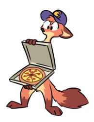  2019 anthro bernie-buddy brown_body brown_fur canid canine clothing food fox fur hat hat_only head_tuft headgear headgear_only headwear headwear_only holding_food holding_object male mammal mostly_nude orange_body orange_fur pizza red_fox simple_background solo standing true_fox tuft white_background 