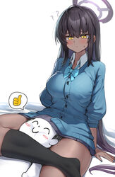  1boy ? black_hair black_socks blue_archive blue_bow blue_bowtie blue_cardigan blue_nails blush bow bowtie breasts cardigan closed_mouth collared_shirt dark-skinned_female dark_skin doodle_sensei_(blue_archive) female foot_out_of_frame hair_between_eyes halo head_between_thighs karin_(blue_archive) kneehighs large_breasts legs long_hair long_sleeves miniskirt no_shoes school_uniform scissorhold sensei_(blue_archive) shirt simple_background sitting skirt socks spoken_thumbs_up sweatdrop ushimittsu very_long_hair white_background yellow_eyes 