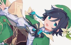  1boy androgynous bad_id bad_twitter_id beret black_hair blue_eyes blue_hair bow braid brooch cape collared_cape collared_shirt corset flower frilled_sleeves frills gem genshin_impact gradient_hair green_hat green_shorts hat hat_flower jewelry leaf long_sleeves looking_at_viewer male_focus multicolored_hair open_mouth pinwheel shirt short_hair_with_long_locks shorts simple_background smile solo tabemon_oishi twin_braids venti_(genshin_impact) vision_(genshin_impact) white_background white_flower white_shirt 