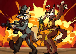  2022 anthro bittenhard black_nose boots brown_body brown_fur canid canine canis clothed clothing crossover cuphead_(game) domestic_dog duo explosion explosives female footwear fox fur glass grenade grin gun hat headgear headwear high_heeled_boots high_heels hunting_dog lt._fox_vixen mammal military_cap military_uniform orange_body orange_fur ranged_weapon rifle saluki sek_studio sgt._o&#039;fera_(cuphead) sighthound smile squirrel_and_hedgehog tail teeth uniform weapon 