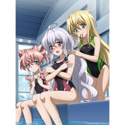  3girls aged_down ahoge akatsuki_kirika akatsuki_kirika_(another) alternate_hair_length alternate_hairstyle artist_request blonde_hair blue_eyes blush braiding_hair breasts competition_swimsuit double_bun embarrassed eyelashes green_eyes grey_hair hair_bun hairdressing happy long_hair maria_cadenzavna_eve maria_cadenzavna_eve_(another) multiple_girls one-piece_swimsuit pink_hair senki_zesshou_symphogear senki_zesshou_symphogear_xd_unlimited sitting small_breasts smile source_request swimsuit yukine_chris yukine_chris_(another) 