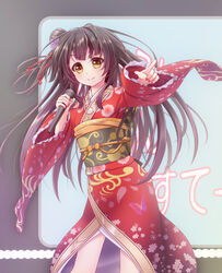  black_hair brown_eyes commentary_request female floral_print flower hair_bun hair_flower hair_ornament highres japanese_clothes kasumi_(sennen_sensou_aigis) kimono long_hair obi over_shoulder partial_commentary pointing red_kimono red_nails sash sennen_sensou_aigis simple_background single_hair_bun smile solo standing tadayou_kemuri wide_sleeves 