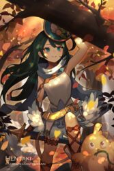  animal arm_up autumn_leaves bird blue_eyes blue_skirt bow breasts brown_bow brown_footwear brown_gloves commentary dragalia_lost dress english_commentary female fingerless_gloves forest gloves green_hair hentaki highres holding holding_sheath layered_skirt long_hair nature odetta_(dragalia_lost) parted_lips sheath sheathed skirt sleeveless sleeveless_dress small_breasts smile solo sparkle squirrel sword tree very_long_hair weapon white_dress 