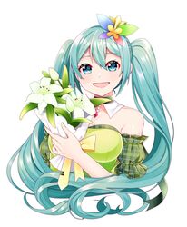  alternate_costume aqua_eyes aqua_hair bare_shoulders bouquet bow breasts butterfly_hair_ornament collar collarbone commentary detached_collar dress female flower frilled_sleeves frills green_dress green_sleeves hair_ornament hatsune_miku highres holding holding_bouquet light_blush lily_(flower) long_hair looking_at_viewer masumofu medium_breasts necktie open_mouth plaid_sleeves smile solo strapless strapless_dress twintails upper_body very_long_hair vocaloid white_background yellow_necktie 