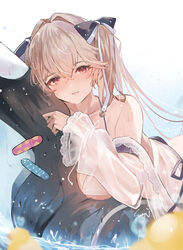  anchorage_(azur_lane) anchorage_(dolphins_and_swim_lessons)_(azur_lane) azur_lane bandaid bare_shoulders blush brown_hair collarbone commentary_request crossed_bangs female hair_ornament long_hair long_sleeves looking_at_viewer official_alternate_costume parted_lips red_eyes sea_nami see-through signature smile swimsuit twintails 