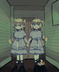  2girls absurdres aged_down akai_haato animal aqua_eyes blonde_hair blue_dress blush bug collared_dress commentary cosplay dress dual_persona english_commentary grady_sisters_(the_shining) grady_sisters_(the_shining)_(cosplay) haaton_(akai_haato) hair_ornament hair_ribbon highres holding holding_animal holding_hands hololive lolicon long_hair looking_away mary_janes multiple_girls muted_color parody popotocurry protected_link ribbon scene_reference shadow shoes siblings sisters smile spider stuffed_animal stuffed_toy tarantula the_shining thighhighs twins virtual_youtuber 