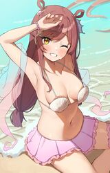  absurdres armpits blush breasts brown_hair cleavage collarbone commentary female frilled_skirt frills highres idolmaster idolmaster_shiny_colors long_hair looking_at_viewer medium_breasts navel ocean one_eye_closed orihime_(tanabata) osaki_amana shawl shell shell_bikini skirt smile solo the_weaver_girl_and_the_cowherd thighs wanimaru water wet yellow_eyes 