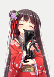  animal black_cat black_hair closed_eyes commentary_request facing_viewer feline female flower hair_bun hair_flower hair_ornament holding holding_animal holding_cat japanese_clothes kasumi_(sennen_sensou_aigis) kimono long_hair partial_commentary red_kimono red_nails sennen_sensou_aigis single_hair_bun solo standing tadayou_kemuri upper_body 