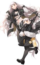  2girls absurdres age_difference ak-alfa ak-alfa_(cat_snatcher_beneath_the_stars)_(girls&#039;_frontline) ak-alfa_(girls&#039;_frontline) assault_rifle black_gloves black_hairband character_name commentary covered_mouth dual_persona flying_sweatdrops gas_mask girls&#039;_frontline gloves grey_hair grey_legwear gun hairband highres holding holding_gun holding_weapon jacket long_hair mary_janes mask multiple_girls navel open_clothes open_jacket orange_eyes pantyhose rifle rui_(rei_leyi) see-through see-through_jacket shoes sleeves_past_wrists thermos trigger_discipline very_long_hair weapon white_hair 