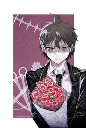  1boy ahoge black_hair black_jacket black_necktie bouquet brown_eyes closed_mouth collared_shirt commentary_request danganronpa_(series) danganronpa_3_(anime) dianthus flower gloom_(expression) highres hinata_hajime holding holding_bouquet jacket long_sleeves looking_down male_focus necktie pale_skin red_flower scissors shirt short_hair solo upper_body white_background white_shirt ziling 