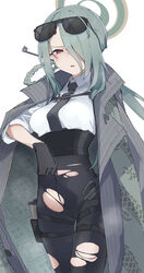  asymmetrical_bangs black_necktie black_pants blue_archive breasts chest_harness coat coat_on_shoulders eyewear_on_head female frown green_hair grey_coat hair_ornament hair_over_one_eye hair_rings hair_stick halo harness high-waist_pants highres holster long_bangs makkurourufu medium_breasts mina_(blue_archive) necktie one_eye_covered pants red_eyes shirt simple_background solo striped striped_coat sunglasses thigh_holster thigh_strap torn_clothes torn_pants vertical-striped_coat white_background white_shirt 