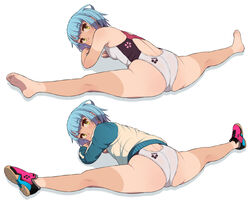  back_cutout bare_arms bare_legs bare_shoulders barefoot blue_hair breasts clothing_cutout commentary_request competition_swimsuit covered_mouth feet female flexible from_behind full_body gymnastics highres jacket leaning_forward long_sleeves looking_at_viewer looking_back multiple_views neyuki_rei one-piece_swimsuit one-piece_tan original shoe_soles short_hair simple_background small_breasts split spread_legs stretching swimsuit swimsuit_under_clothes tan tanlines track_jacket two-tone_footwear variations white_background yellow_eyes 