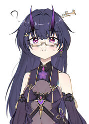  ? bare_shoulders breasts china_dress chinese_clothes cleavage closed_mouth commentary_request dress earrings female glasses hair_ornament highres honkai_(series) honkai_impact_3rd horns jewelry long_hair looking_at_viewer official_alternate_costume purple_dress purple_eyes purple_hair purple_sleeves qian_xii raiden_mei raiden_mei_(herrscher_of_thunder) raiden_mei_(rainy_springtide)_(honkai_impact) simple_background single_earring sleeveless sleeveless_dress smile solo sweatdrop white_background 