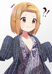  !? ^^^ absurdres alternate_hairstyle bangs_pinned_back bath_yukata blurry blush brown_eyes brown_hair collarbone commentary_request female forehead grey_background hair_flaps hands_up hanten_(clothes) highres houkago_teibou_nisshi japanese_clothes kimono kobi_(piliheros2000) long_sleeves open_clothes open_mouth photoshop_(medium) shima_(pattern) short_eyebrows sleeves_past_fingers sleeves_past_wrists solo sweat tsurugi_hina v-shaped_eyebrows yukata 