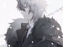  1boy animal_ears arknights black_jacket black_necktie blurry blurry_background closed_mouth collared_shirt dress_shirt earrings fur-trimmed_jacket fur_trim grey_eyes grey_hair highres jacket jewelry leopard_boy leopard_ears looking_ahead male_focus necktie outdoors qinglai_haiji serious shirt short_hair silverash_(arknights) snowing solo string_of_flags upper_body white_shirt 