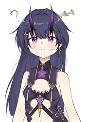  ? bare_shoulders breasts china_dress chinese_clothes cleavage closed_mouth commentary_request dress earrings female hair_ornament highres honkai_(series) honkai_impact_3rd horns jewelry long_hair looking_at_viewer no_bodysuit official_alternate_costume purple_dress purple_eyes purple_hair qian_xii raiden_mei raiden_mei_(herrscher_of_thunder) raiden_mei_(rainy_springtide)_(honkai_impact) simple_background single_earring sleeveless sleeveless_dress smile solo sweatdrop white_background 