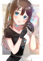  absurdres black_bow black_dress black_gloves blue_eyes blush bow brown_hair buttons choker collarbone dress drop_earrings earrings evening_gown female gloves hair_between_eyes hairbow highres huge_bow jewelry lace lace_gloves long_hair love_live! love_live!_nijigasaki_high_school_idol_club multicolored_clothes necklace off-shoulder_dress off_shoulder osaka_shizuku ponytail sidelocks sleeveless sleeveless_dress solitude_rain_(love_live!) solo sunya_(honorin-yuunibo) two-tone_dress upper_body white_dress 