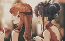  2girls arknights back_cutout bagpipe_(arknights) black_dress blue_hair blurry blurry_background bracelet brown_eyes brushing_another&#039;s_hair brushing_hair ch&#039;en_(ageless_afterglow)_(arknights) ch&#039;en_(arknights) chinese_clothes clothing_cutout comb commentary_request double_bun dragon_horns dress frown hair_bun hand_up hands_up horns jewelry long_hair looking_at_another multiple_girls official_alternate_costume open_mouth orange_hair purple_eyes qinglai_haiji red_dress sidelocks sleeveless sleeveless_dress smile upper_body very_long_hair 