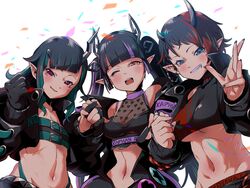  3girls asymmetrical_gloves belt belt_bra black_gloves black_hair black_jacket black_nails black_shirt blue_belt blue_eyes blue_hair blue_panties blunt_bangs blush breasts chest_belt cleavage clenched_hands commentary confetti crop_top cropped_jacket demon_girl demon_horns ear_chain ear_piercing flat_chest gloves grin heart heart_print highleg highleg_panties highres horns jacket jewelry kojo_anna kojo_anna_(1st_costume) large_breasts long_hair long_sleeves looking_at_viewer medium_breasts midriff multicolored_hair multiple_girls nanashi_inc. nantyu-a navel oerba_yun_fang off_shoulder one_eye_closed open_clothes open_jacket open_mouth panties partially_fingerless_gloves piercing pointy_ears print_shirt purple_hair red_eyes red_hair ring russian_text ryugasaki_rene ryugasaki_rene_(1st_costume) see-through see-through_cleavage see-through_shirt shirt shishio_chris shishio_chris_(1st_costume) sleeveless sleeveless_shirt smile sugar_lyric symbol-only_commentary twintails two-tone_hair underboob underwear upper_body virtual_youtuber white_background yellow_eyes zipper 