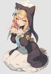  :p animal_ears black_jacket blue_archive blue_eyes blue_neckerchief blush cupping_hands dress fake_animal_ears female flower habit halo highres jacket long_hair long_sleeves looking_at_viewer mari_(blue_archive) neckerchief nun open_clothes open_jacket orange_hair own_hands_together puffy_long_sleeves puffy_sleeves sailor_collar sgt-jz simple_background sitting solo tongue tongue_out veil white_dress white_flower white_sailor_collar yellow_halo 