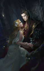  1boy black_hair blonde_hair blue_eyes breasts couple dress eye_contact feather-trimmed_sleeves female flower gold_trim greek_mythology hades_(mythology) hair_flower hair_ornament hair_over_shoulder highres holding_hands jjlovely long_hair looking_at_another ornate_clothes persephone_(mythology) red_lips sideboob sitting sitting_on_person skull skull_ornament straight throne throne_room white_dress 