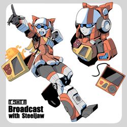  :d autobot bag blaster_(transformers) blue_eyes cd_player female genderswap_(mtf) hologram index_finger_raised kamizono_(spookyhouse) lion mecha mecha_musume open_mouth robot rule_63 skirt smile speaker steeljaw_(transformers) transformers transformers:_generation_1 wire 