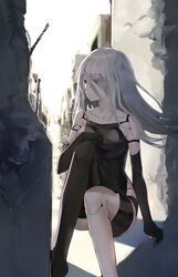  a2_(nier:automata) absurdres afe android armlet bare_shoulders black_gloves black_shorts black_tank_top blue_eyes collarbone concrete elbow_gloves female gloves hair_between_eyes highres joints long_hair nier:automata nier_(series) robot_joints shorts sitting solo tank_top white_hair 