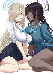  2girls absurdres asuna_(blue_archive) asymmetrical_bangs bad_id bad_pixiv_id black_choker blue_archive blue_eyes blue_skirt blush breast_on_breast breasts button_gap choker collared_shirt dark-skinned_female dark_skin grin hair_over_one_eye halo highres impossible_clothes impossible_shirt karin_(blue_archive) large_breasts long_bangs long_sleeves looking_at_viewer multiple_girls one_eye_covered panties panty_peek parted_lips pleated_skirt purple_hair school_uniform shirt shirt_tucked_in simple_background sitting skirt smile teeth thighs underwear very_dark_skin white_background white_shirt yellow_eyes yukiaka 