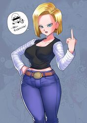  android_18 belt blonde_hair blue_eyes breasts cleavage collarbone commentary_request denim dragon_ball dragon_ball_z female forehead hand_on_own_hip jeans kisuu kuririn long_sleeves looking_at_viewer medium_hair middle_finger open_mouth pants shirt solo speech_bubble standing 