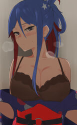  alternate_costume alternate_hairstyle black_bra black_eyes blue_hair blush bra breasts breath cleavage closed_mouth female grey_background japanese_clothes kantai_collection kimono long_hair multicolored_hair obi ponytail red_hair sash sidelocks simple_background solo south_dakota_(kancolle) star_(symbol) sweat tsurugi_(the_horizon) underwear upper_body white_hair 