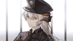  adjusting_collar arknights black_gloves black_shirt blurry blurry_background closed_mouth collared_shirt commentary dragon_horns female gloves grey_hair hand_up hat highres horns long_hair military military_uniform official_alternate_costume orange_eyes police_hat prison_cell qinglai_haiji saria_(arknights) saria_(the_law)_(arknights) serious shirt solo uniform upper_body 