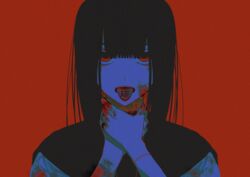  absurdres bags_under_eyes black_capelet black_hair blood blood_on_clothes blood_on_face blood_on_hands blunt_bangs capelet commentary_request female film_grain hands_on_own_neck highres kanji_tattoo limited_palette long_hair looking_at_viewer lynne_(vocaloid) mole mole_under_eye open_mouth red_background red_eyes red_theme rin_(rin7kan7) sanpaku school_uniform serafuku simple_background solo straight-on strangling teeth tongue tongue_out tongue_tattoo translation_request upper_teeth_only 