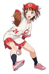  amami_haruka aqua_eyes ball baseball baseball_(object) baseball_cap baseball_mitt baseball_uniform black_socks bow brown_hair commentary_request female full_body hairbow hat highres holding holding_ball idolmaster idolmaster_(classic) kneehighs long_sleeves looking_away looking_to_the_side nigou nippon_professional_baseball open_mouth pink_footwear pleated_skirt red_bow red_hat red_shirt red_skirt shirt shoes short_hair short_sleeves simple_background skirt smile sneakers socks solo sportswear sweat white_background white_shirt 