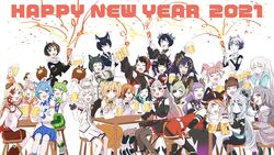  2021 6+girls ahoge alcohol and_uge animal_ears animal_hands animare bandana beer beer_mug black_bow black_bowtie black_hair black_headwear black_hoodie black_jacket black_pants black_ribbon black_shirt black_skirt black_sports_bra black_vest blonde_hair blue_bandana blue_eyes blue_hair blue_skirt bob_cut boots bow bowtie braid breasts brown_footwear brown_hair brown_ribbon brown_shirt brown_skirt cabbie_hat canine cat_ears chains chair character_request closed_eyes closed_mouth collared_shirt commentary_request cone_hair_bun crop_top cropped_jacket crown cup demon_girl demon_horns demon_tail dog_ears dress ear_chain ear_piercing earrings eyepatch feet_out_of_frame frilled_cuffs frilled_skirt frills gin_(tttetu123) ginneko_nanashi gloves green_bow green_bowtie green_eyes green_footwear green_hair grey_eyes grey_hair hair_bun hair_ribbon happy_new_year hashiba_natsumi_(animare) hat head_wings heart heart_print highres hira_hikari honey_strap hood hoodie horns inaba_haneru_(animare) jacket jewelry kazami_kuku kisaki_anko kojo_anna kojo_anna_(1st_costume) komori_met komori_met_(1st_costume) kuroneko_nanashi large_breasts long_hair long_sleeves looking_at_viewer medium_hair mikeneko_nanashi mug multicolored_hair multiple_girls nanashi_inc. neck_ribbon neckerchief necktie new_year one_eye_closed open_clothes open_jacket open_mouth open_vest orange_eyes orange_hair orange_hoodie orange_neckerchief pants party party_popper paw_gloves piercing pink_eyes pink_hair pointy_ears polka_dot_bandana polka_dot_bowtie polka_dot_neckerchief purple_eyes purple_hair red_eyes red_hair red_necktie red_sports_bra ribbon ryugasaki_rene ryugasaki_rene_(1st_costume) saionji_mary sekishiro_mico shimamura_charlotte shiromiya_mimi shirt shishio_chris shoes short_hair side_braid single_braid single_hair_bun single_head_wing sitting skirt smile sneakers sports_bra streaked_hair sugar_lyric suou_patra suspenders table tail thighhighs twintails two-tone_hair two_side_up underboob v_ap_art vest virtual_youtuber white_background white_dress white_hair white_shirt white_vest wings wrist_cuffs yellow_eyes yunohara_izumi 